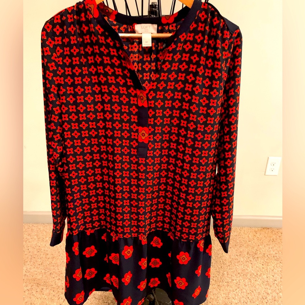 Loft Navy Blue & Red Floral Dress